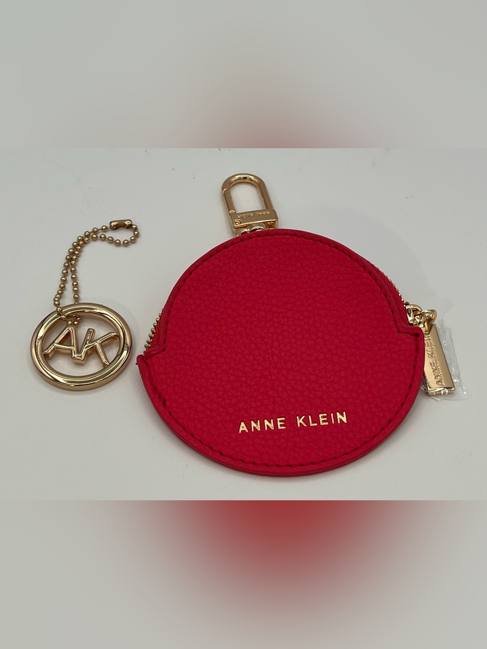 Anne Klein Red Round Coin Pouch Key Holder with Gold Accents